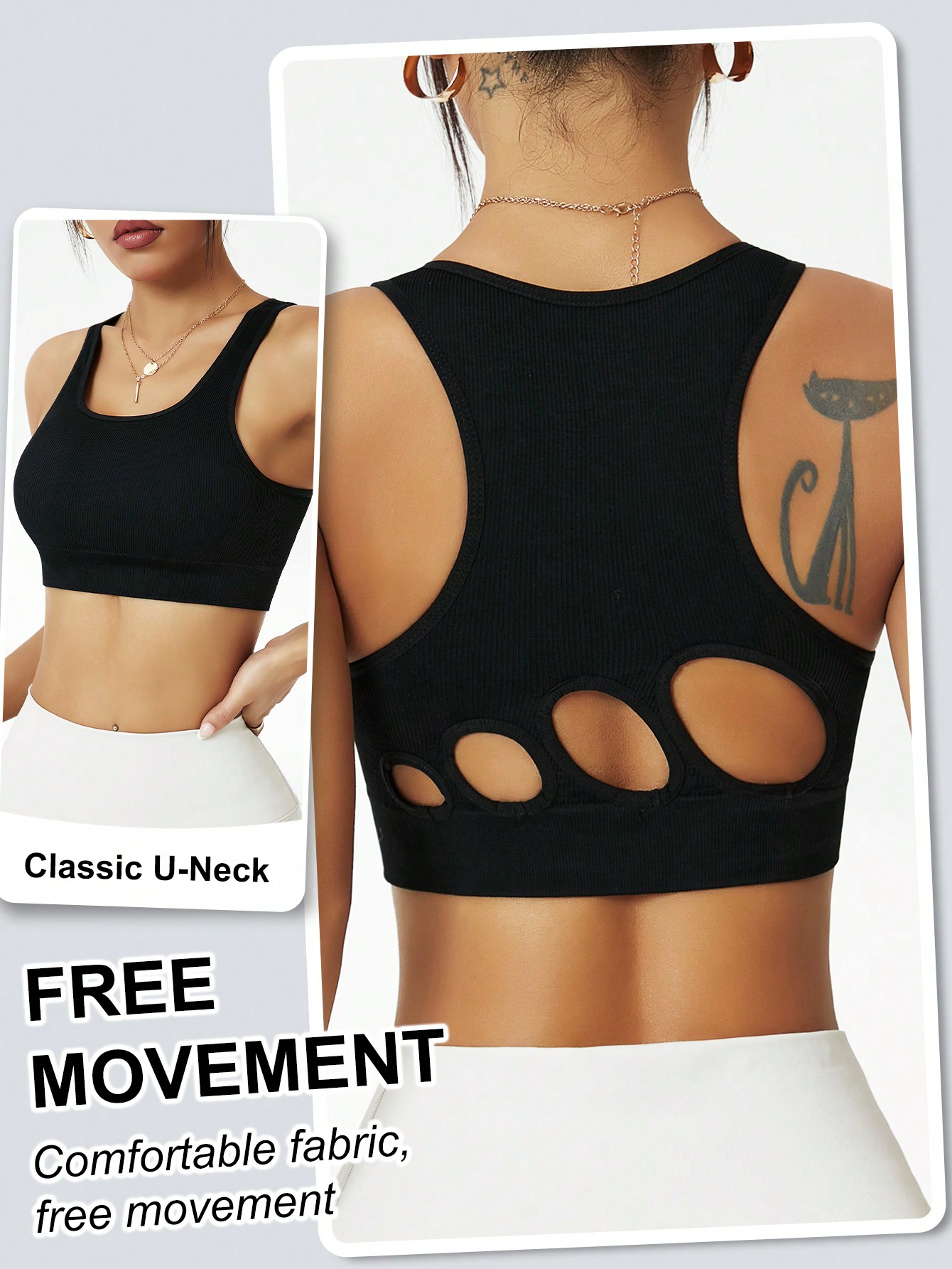 Seamless Ribbed Workout Tank Top - 여성용 리브드 심리스 스포츠 브라, 컷아웃