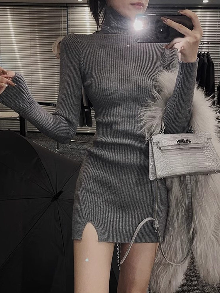 Bodycon Long Sleeve Ribbed Dress - 여성 바디콘 미니 니트 드레스 터틀넥