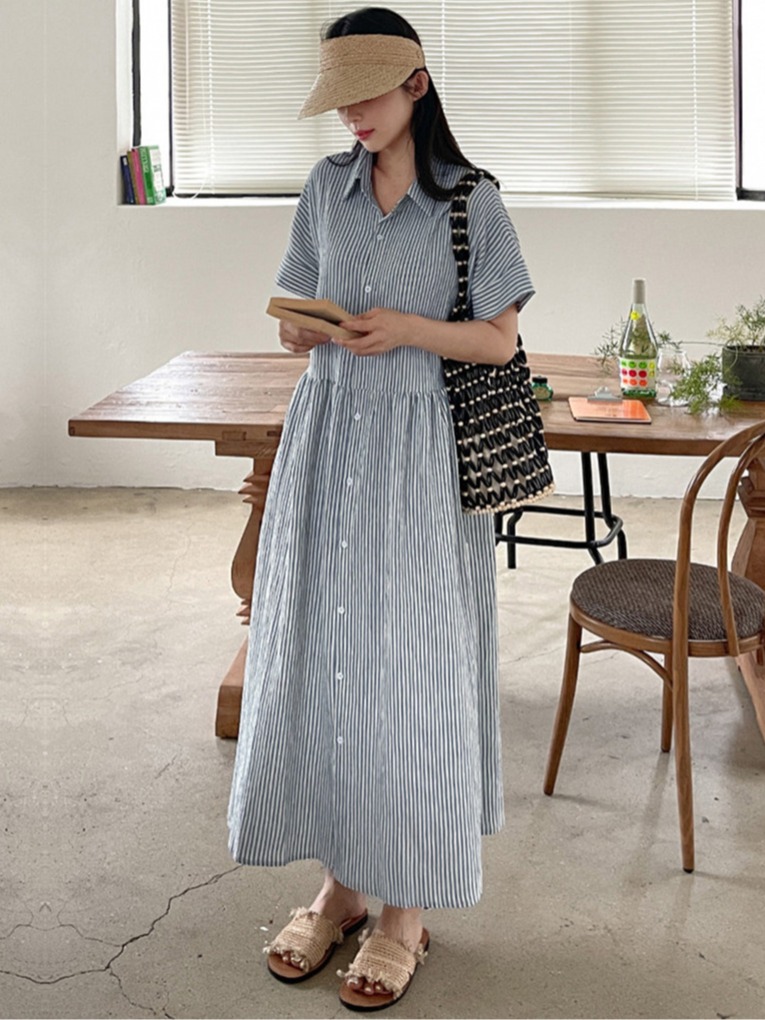 Korean Style A Line Shirt Dress - 레트로 한국 스타일 루즈핏 슬리밍 스트라이프