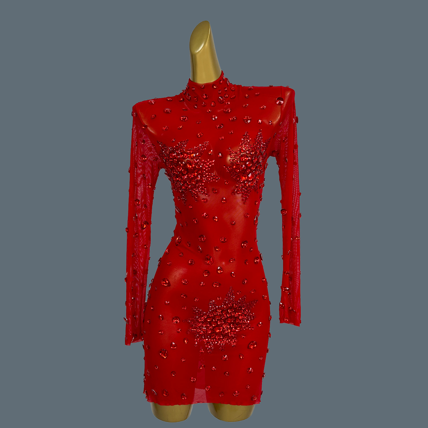 Sparkly Rhinestone Club Party Dress - 럭셔리 섹시 레드 라인스톤, 반짝이는 시스루