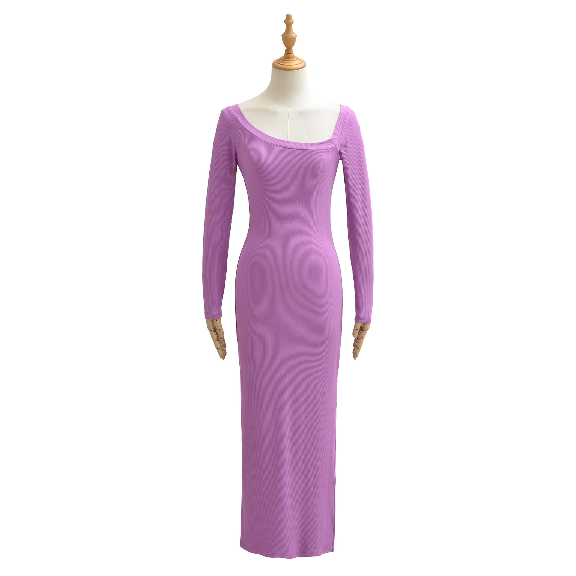 Bodycon Long Sleeve Ribbed Dress - 여성용 골지 드레스 스퀘어 넥라인 긴