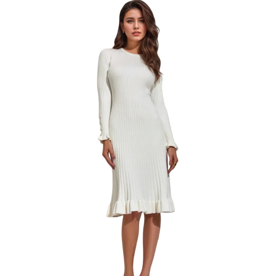Bodycon Long Sleeve Ribbed Dress - 여성용 골지 니트 긴팔 바디콘 드레스