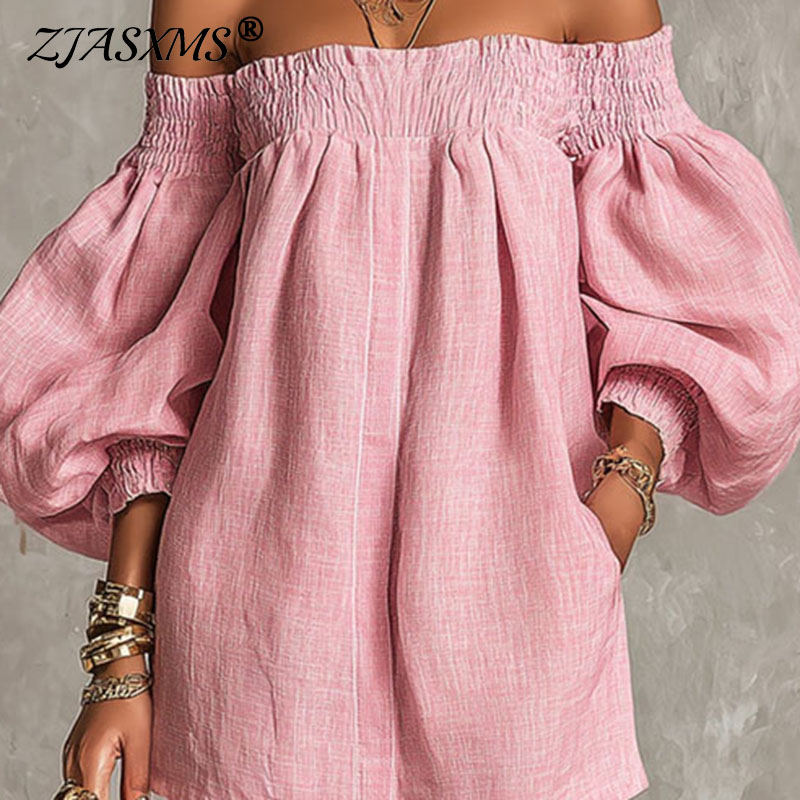Off Shoulder Puff Sleeve Sundress - 여성용 솔리드 오프숄더 뉴 드레스 롱