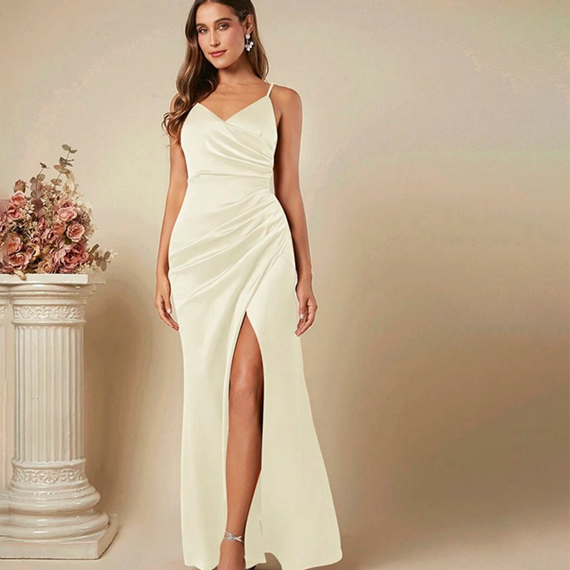 Elegant Satin Evening Gown Split - 여성 우아한 새틴 서스펜더 드레스 2025