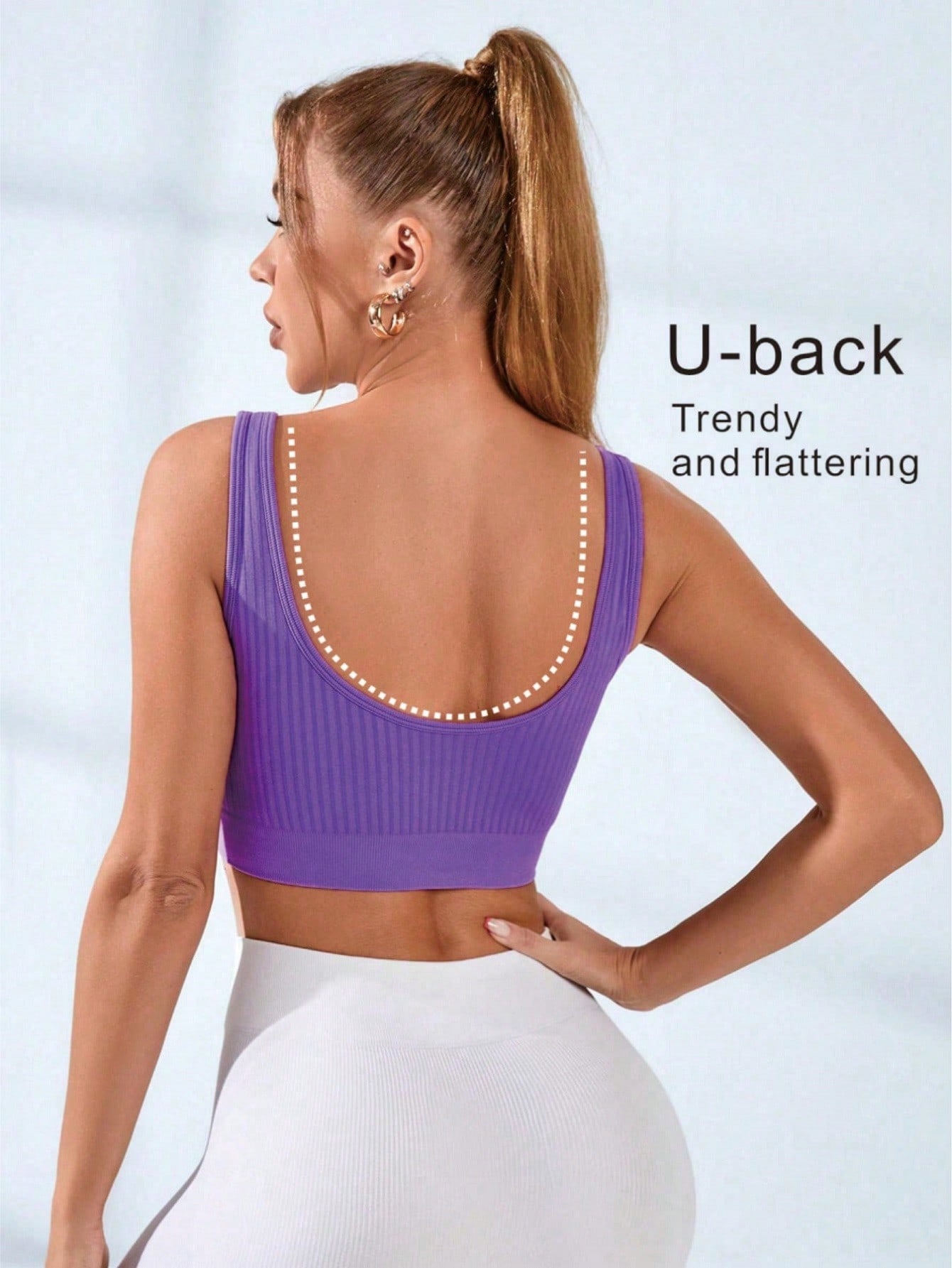Seamless Ribbed Workout Tank Top - 여성용 골지 U넥 스포츠 브라 심리스