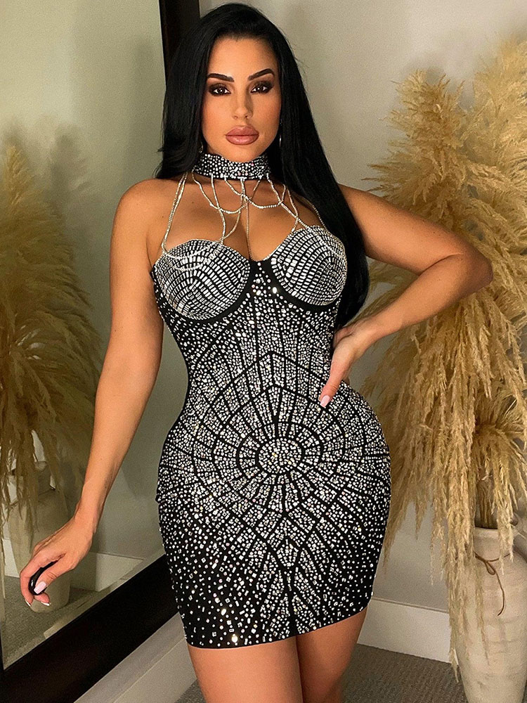 Sparkly Rhinestone Club Party Dress - Doyerl 반짝 이는 라인 석 다이아몬드