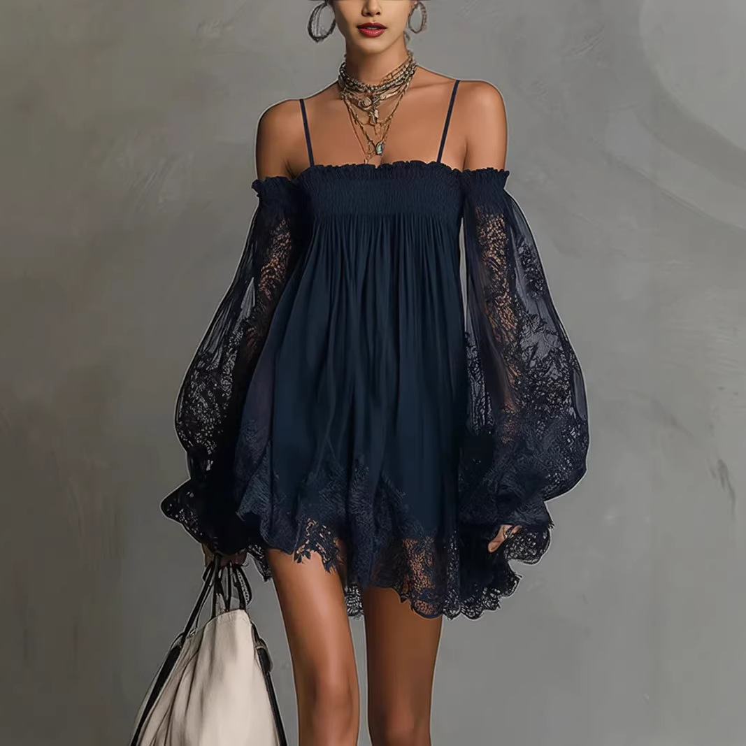 Off Shoulder Puff Sleeve Sundress - 오프숄더 레이스 미니 드레스 스파게티 스트랩