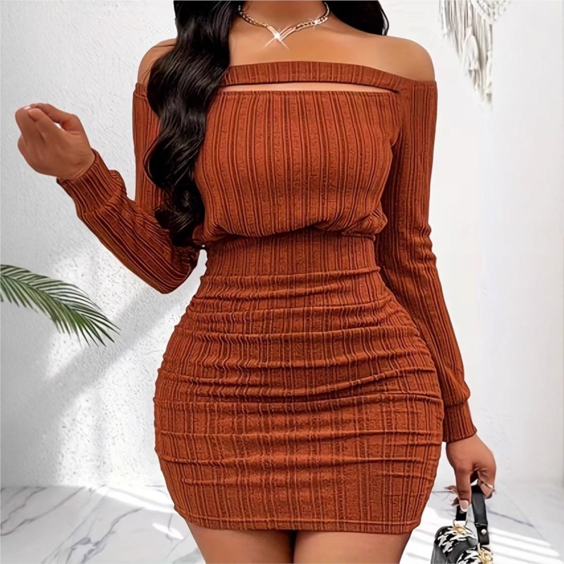 Bodycon Long Sleeve Ribbed Dress - 여성 패션 드레스 봄 가을 우아한