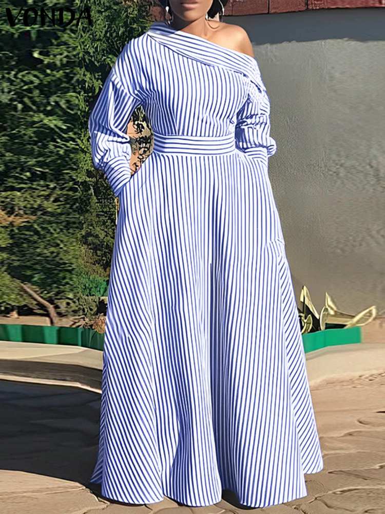 Off Shoulder Puff Sleeve Sundress - VONDA 여성용 우아한 스트라이프 맥시 원피스