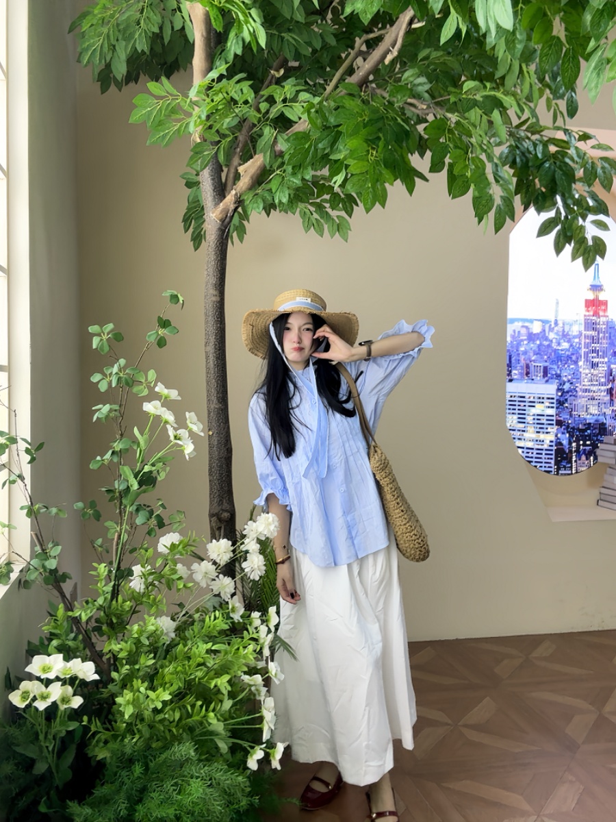 Korean Style A Line Shirt Dress - 플러스 사이즈 여성용 블루 버블 슬리브