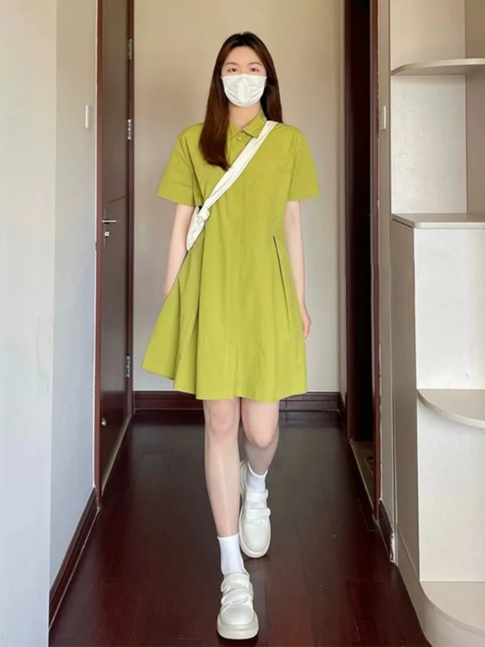 Korean Style A Line Shirt Dress - 플러스 사이즈 여성용 넥 반팔 드레스