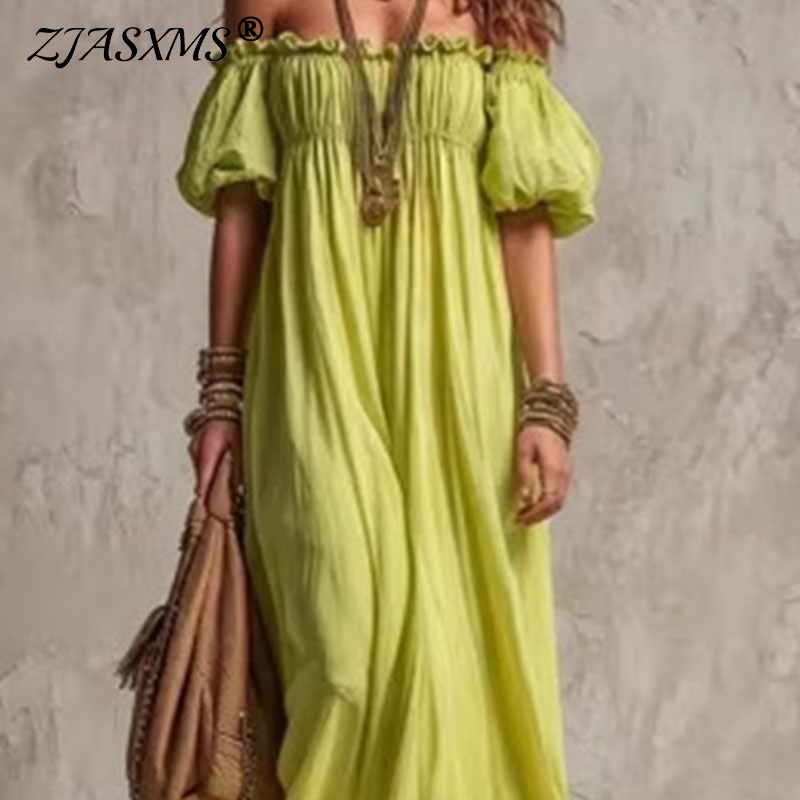 Off Shoulder Puff Sleeve Sundress - 여성용 신축성 허리 캐주얼 휴가용 선드레스