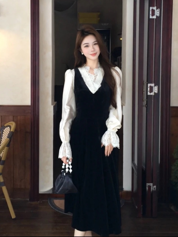 Korean Style A Line Shirt Dress - XZY 시크 레이스 패치워크 실크 셔츠