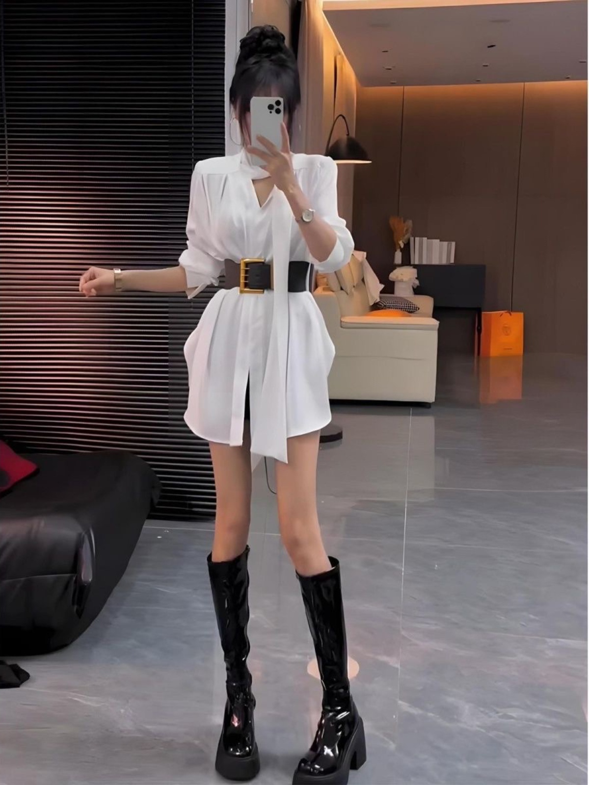 Korean Style A Line Shirt Dress - 화이트 실크 셔츠 드레스 여성 가을