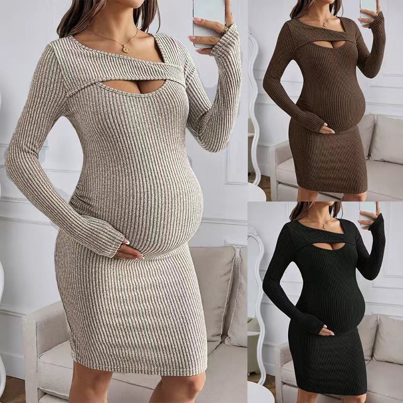 Bodycon Long Sleeve Ribbed Dress - 임산부 의류 긴소매 리브드 드레스, 임신부를