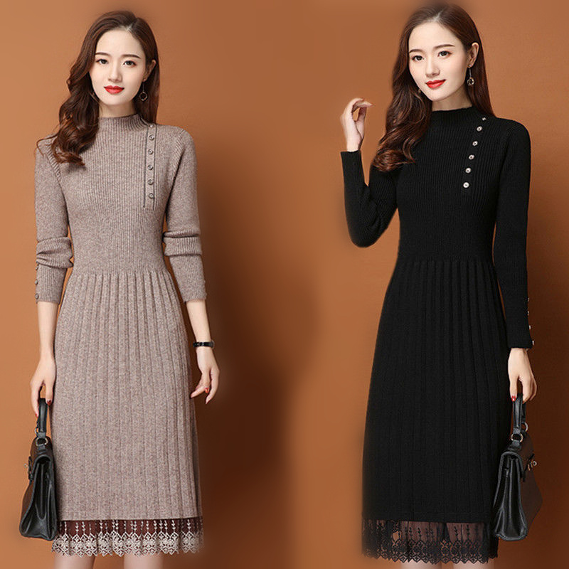 Bodycon Long Sleeve Ribbed Dress - 레이스 밑단 버튼 여성 가을 ​​겨울