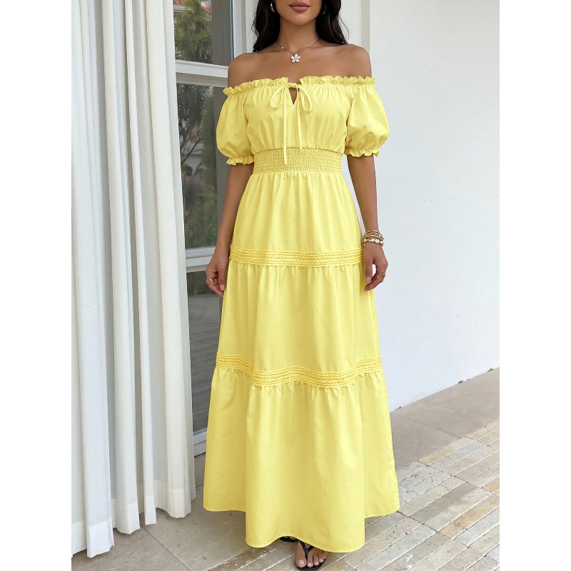 Off Shoulder Puff Sleeve Sundress - 여름 보헤미안 여성용 옐로우 오프숄더 코르셋