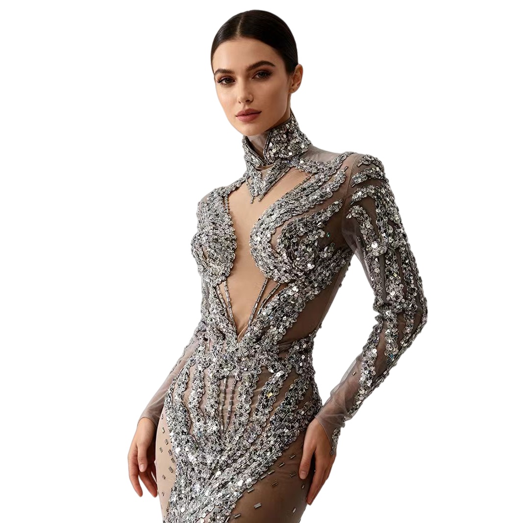Sparkly Rhinestone Club Party Dress - 실버 반짝이 시퀸 시스루 바디콘 미니