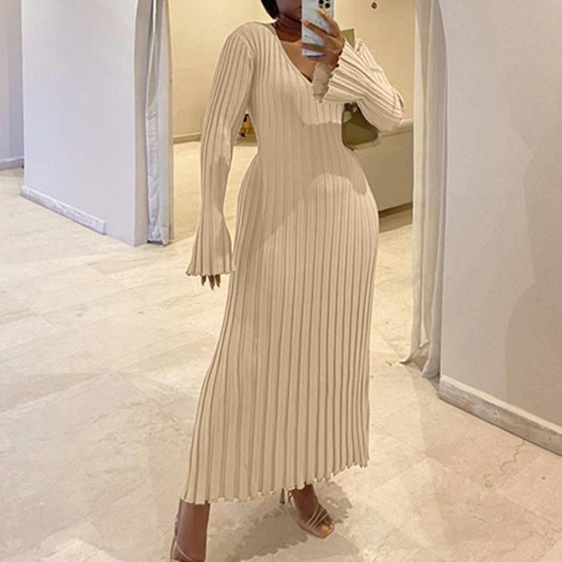 Bodycon Long Sleeve Ribbed Dress - 여성용 가을 브이넥 니트 스커트 패션