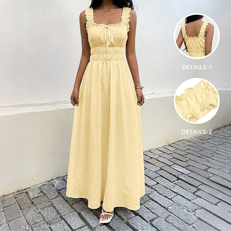 Boho Summer Beach Maxi Dress - 여름 민소매 스퀘어 넥 드레스 프렌치
