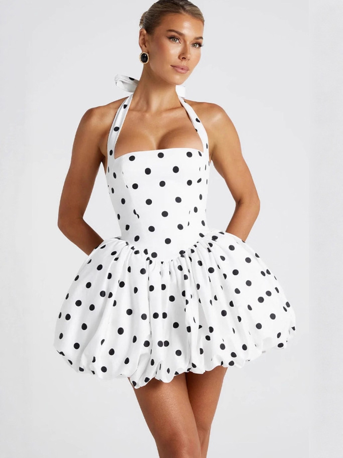 Y2K Backless Halter Mini Dress - 도트 프린트 홀터 스파게티 스트랩 숏