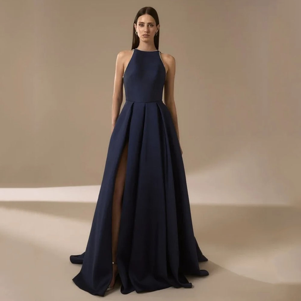 Elegant Satin Evening Gown Split - 네이비 블루 새틴 여성용 이브닝 드레스
