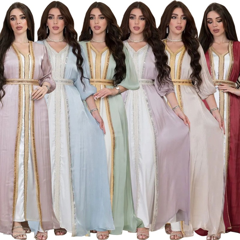 Dresses - 라벤더 시퀸 드레스 V넥 퍼프 소매