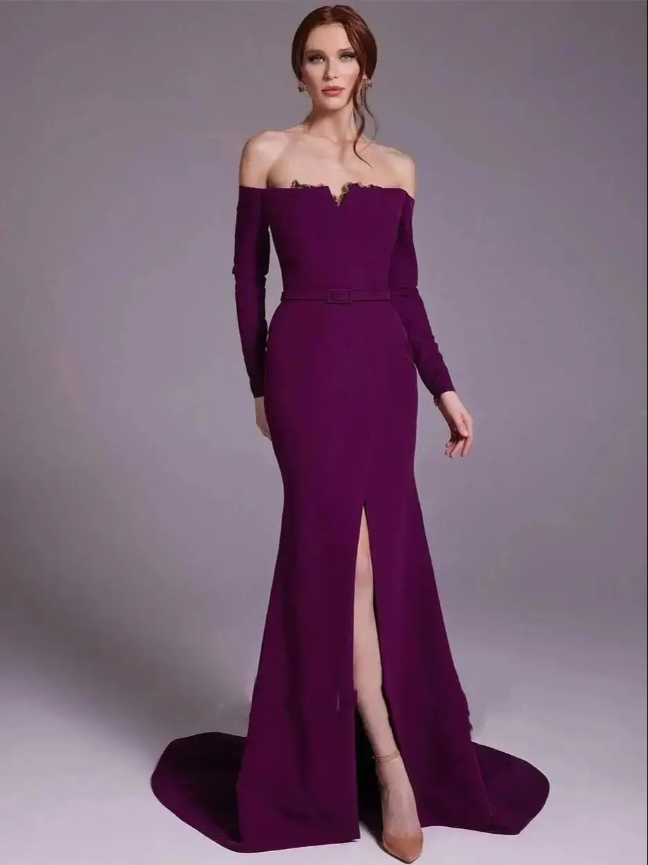 Elegant Satin Evening Gown Split - 우아한 보라색 새틴 오프 숄더 시스