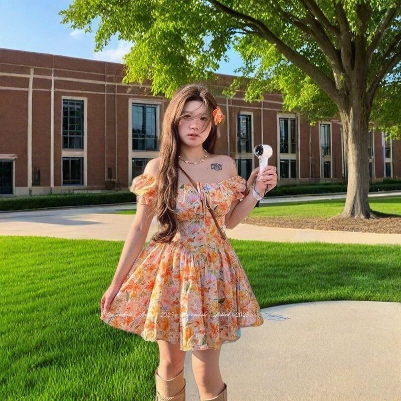 Off Shoulder Puff Sleeve Sundress - 핫세일 오렌지 플로럴 프린트 오프숄더 미니